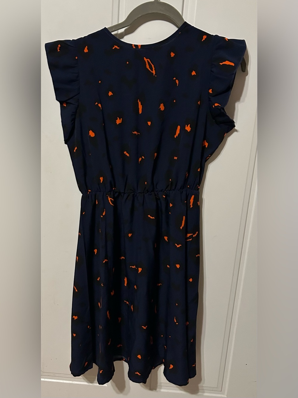 Woman’s Navy Blue Dress with Orange Print - Casual Ruffle Sleeve